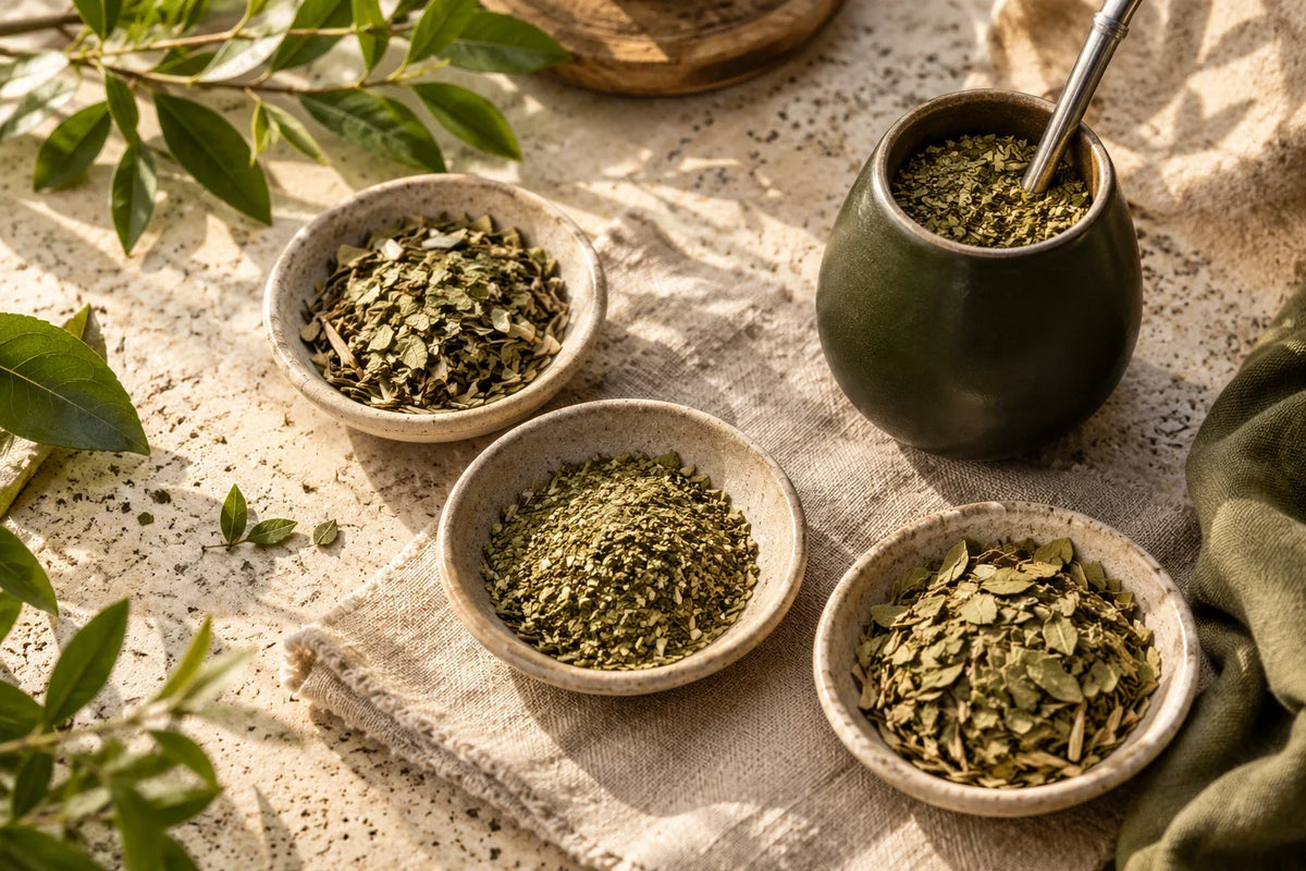 Različiti rezovi yerba mate u keramičkim posudama uz mate i bombillu