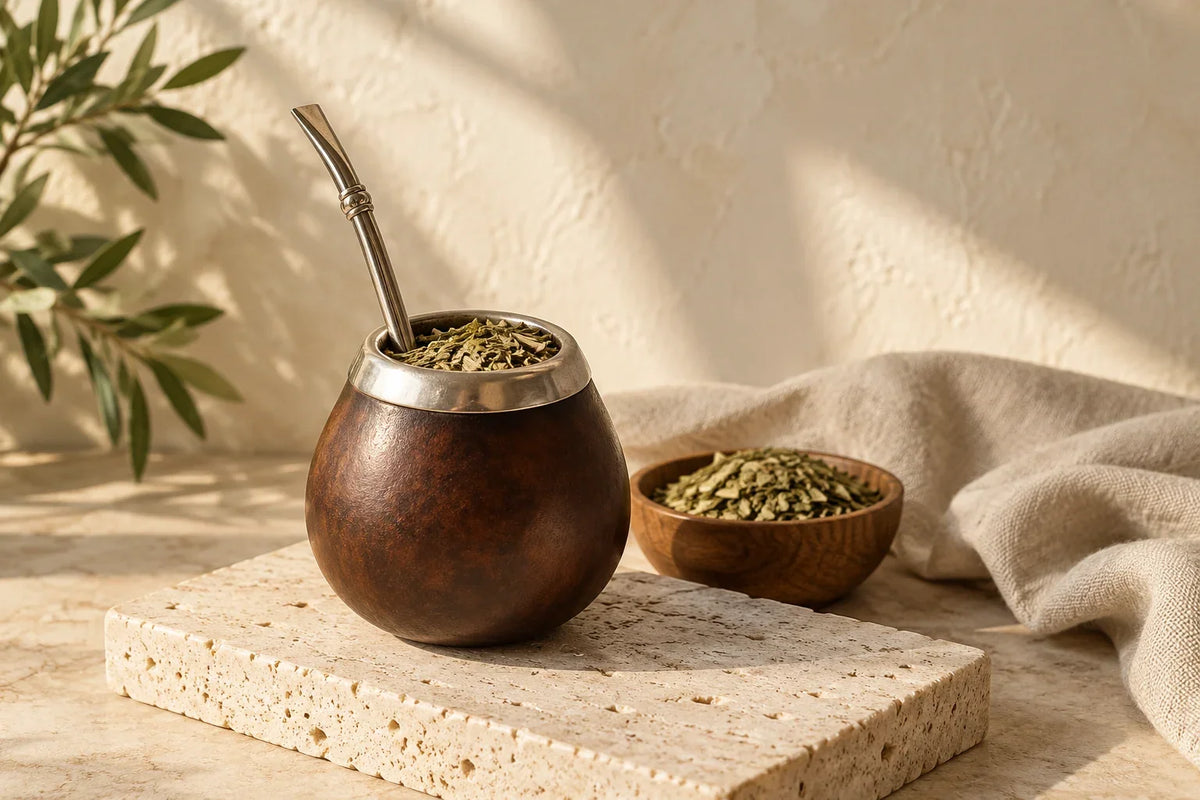 Yerba mate u posudi sa bombillom i suvi listići yerbe