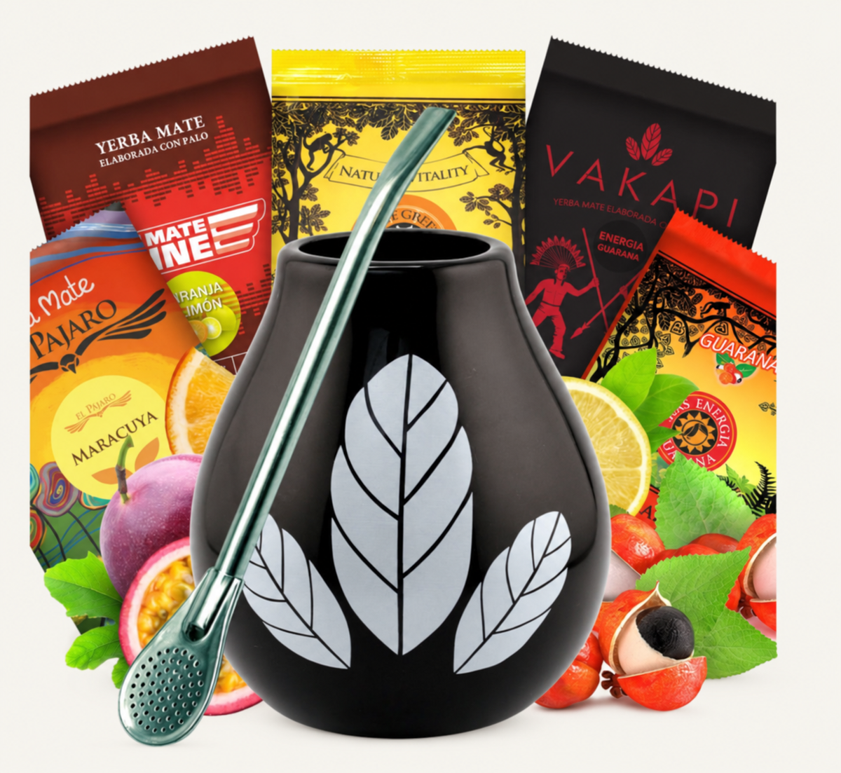 Yerba mate set – crna posuda sa listovima – fotografija proizvoda