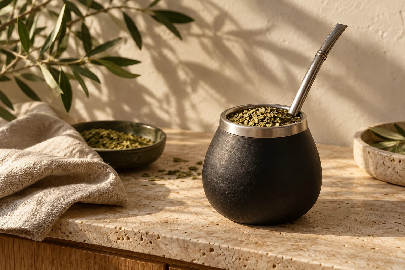 Mate ritual uz prirodno svetlo, lan i drvo; ilustrativna ambijentalna fotografija.
